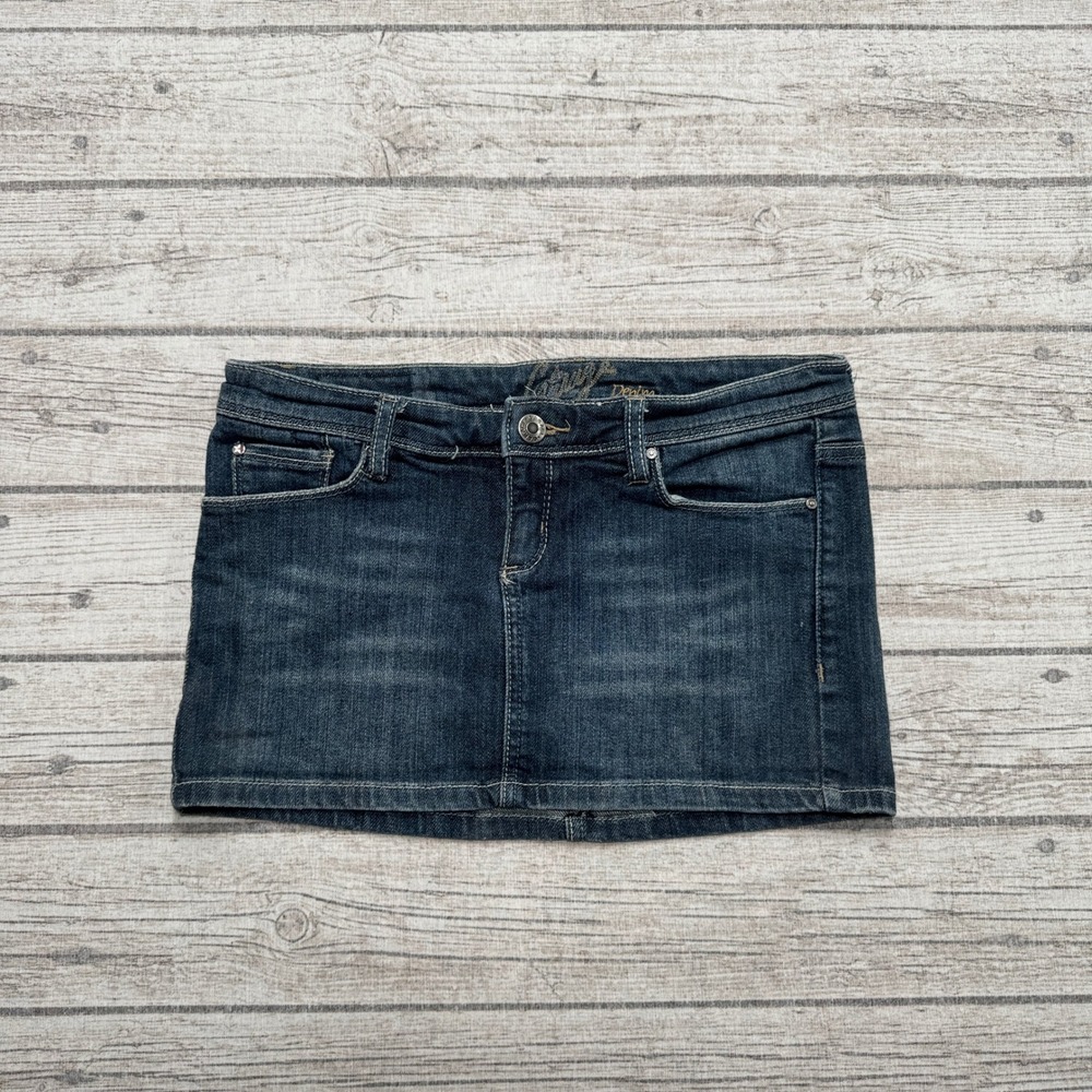Garage Mini Skirt Women's 1 Blue Dark Wash Denim Low Rise Stretch Whiskered Y2K